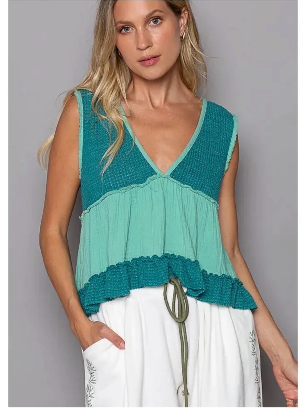 POL Teal Blue Boho Granola Crunch Textured Knit Ruffle Babydoll Tank Top